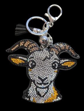 Crystal Goat Bag Charm Keychain with Silver and Gold Accents